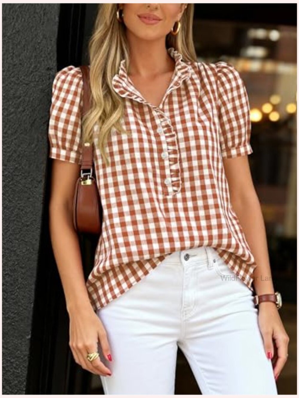Ruffle V Neck Button Down Puff Sleeve Blouse for Women Summer Work - Picture 3 of 7